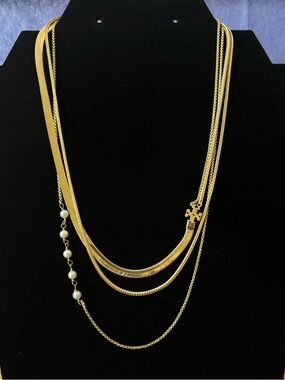 Tory Burch Kira Logo & Imitation Pearl Multi-Strand Layered Necklace 16"-18"